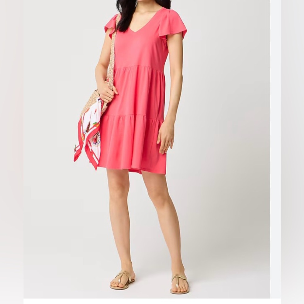 J Crew 100% cotton solid red tiered dress v-neck. Short sleeve Relaxed fit small